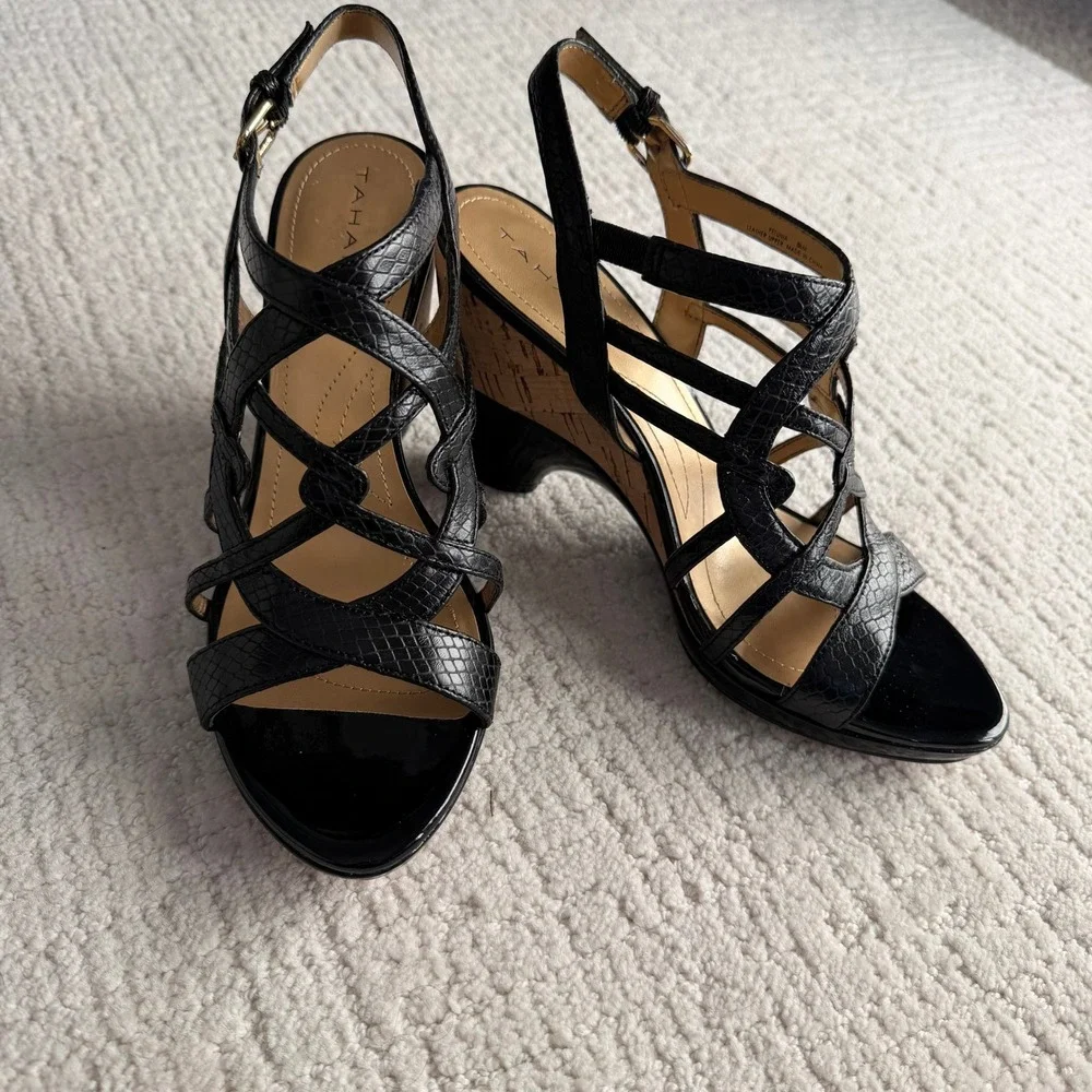 Tahari Petunia Black Snake Embossed Leather Cork Wedge Sandals Women 8.5 Strappy